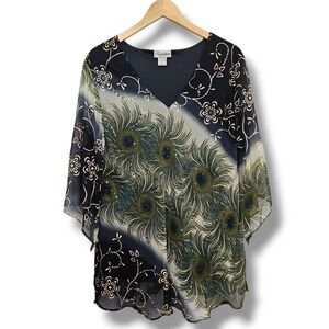 Y2K Signature Kimono Top 1X Peacock Feather Sheer Embellished Forest Fairy Boho